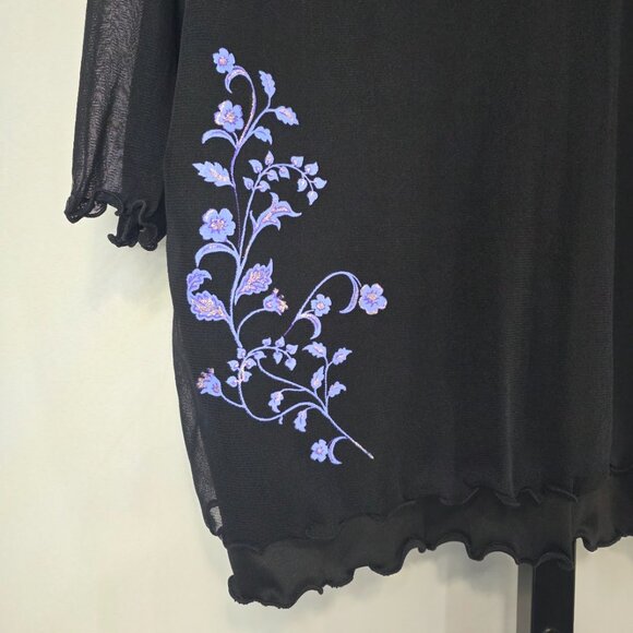 Fashion Bug Top Womens Plus (See Meas) Black Sheer Mesh Sleeve Embroidered Flora - Picture 2 of 5